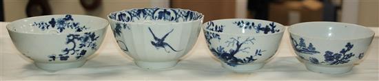 Four Worcester blue and white small bowls, c.1756-80, diam. 4in. - 4.75in.